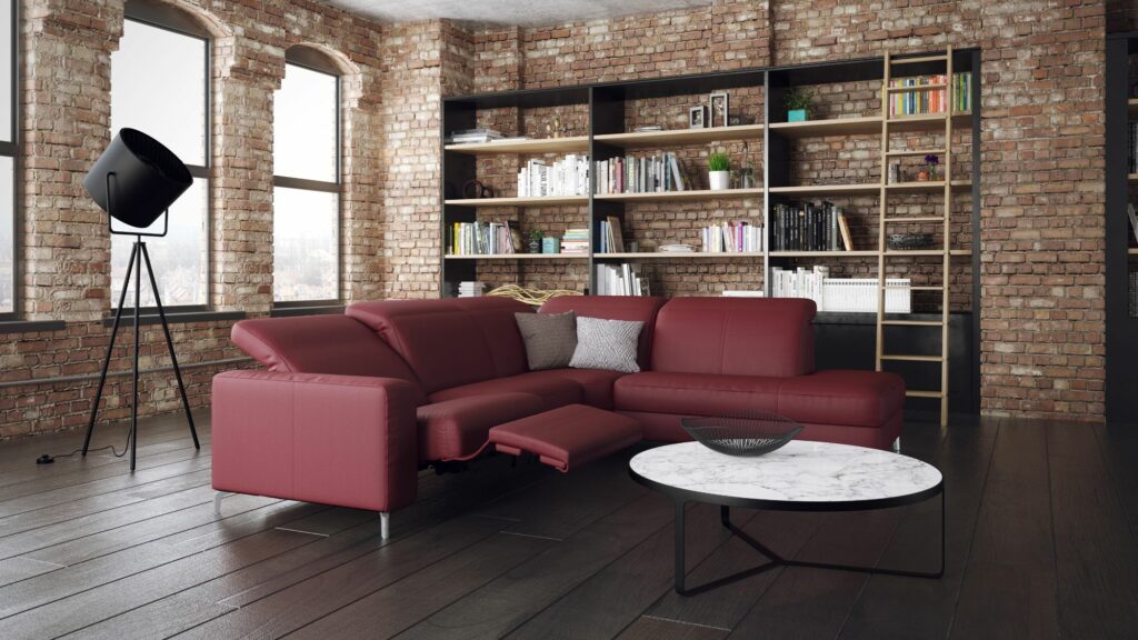 Bordeaukleurige hoeksalon met relax