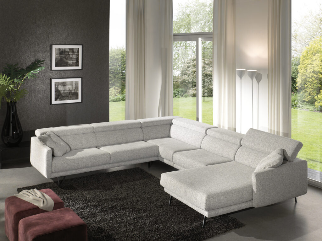 Hoeksalon in stof met longchair